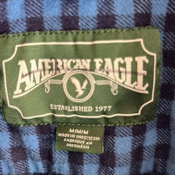 American Eagle Medium Blue and Black Plaid Button Down - Picture 2 of 4